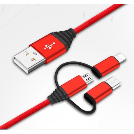 Câble 3 en 1 Micro USB/ Lightning/ Type C - Rouge