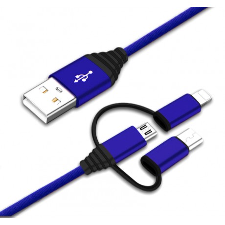 Câble 3 en 1 Micro USB/ Lightning/ Type C - Bleu