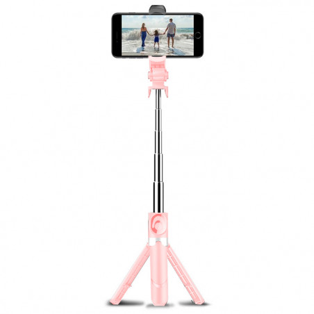 Perche a selfie Bluetooth retractable avec trepied integre - Rose