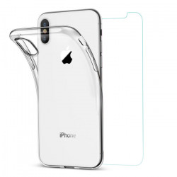 Coque transparente souple & vitre en verre trempe pour iPhone X/XS