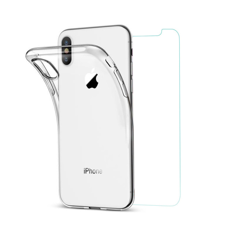 Coque transparente souple & vitre en verre trempe pour iPhone X/XS