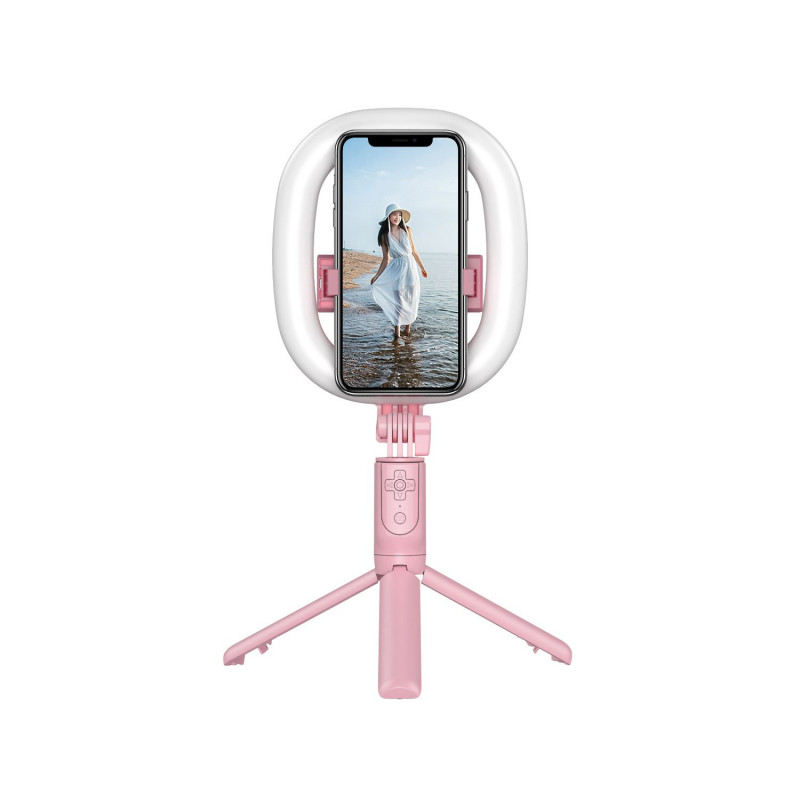 Support anneau lumineux LED avec conception Bluetooth integree - Rose