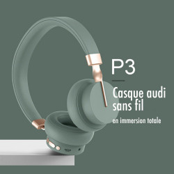 Casque Bluetooth V5.0 mains libres avec bandeau sans fil - Vert kaki