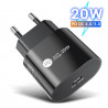 Prise secteur USB 20W - Charge rapide + USB - C - Noir