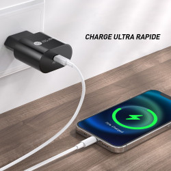 Prise secteur USB 20W - Charge rapide + USB - C - Noir