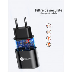 Prise secteur USB 20W - Charge rapide + USB - C - Noir