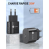 Prise secteur USB 20W - Charge rapide + USB - C - Noir