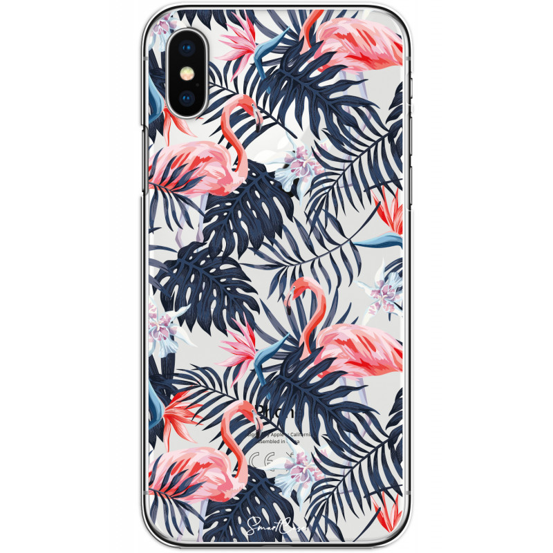 Coque souple transparente pour iPhone X/XS - Flamants rose & fleurs