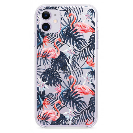 Coque souple transparente pour iPhone 11 - Flamants rose & fleurs
