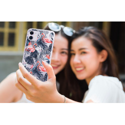 Coque souple transparente pour iPhone 11 - Flamants rose & fleurs