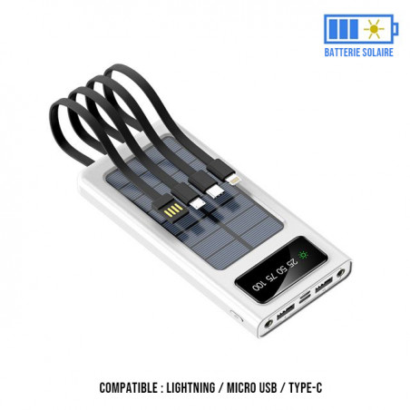Power bank solaire portable 20 000 mAh avec cables integres - Blanc