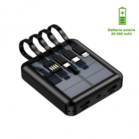 Mini power bank solaire 20 000 mAh avec cables integres Lightning...