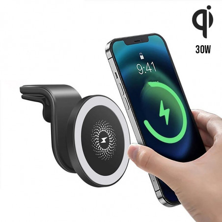 Support voiture avec charge magnetique rapide sans fil Qi 30W