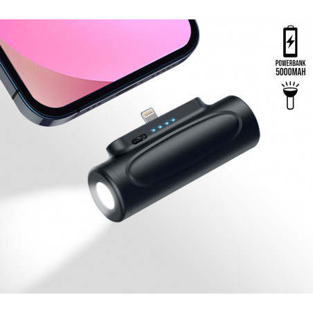 Mini power bank sans fil 5000mAh avec lampe de poche - Noir