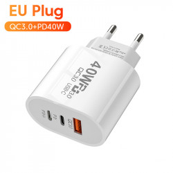 Prise secteur rapide 40W 2 ports PD + USB QC3.0