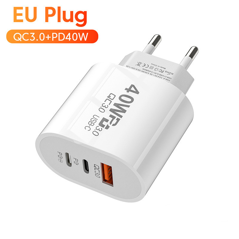 Prise secteur rapide 40W 2 ports PD + USB QC3.0