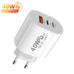 Prise secteur rapide 40W 2 ports PD + USB QC3.0