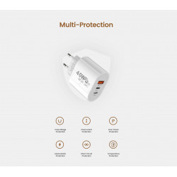 Prise secteur rapide 40W 2 ports PD + USB QC3.0