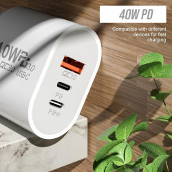 Prise secteur rapide 40W 2 ports PD + USB QC3.0
