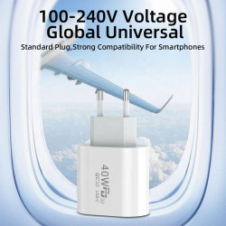 Prise secteur rapide 40W 2 ports PD + USB QC3.0