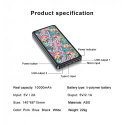 Power bank double USB noire - Feuilles & flamants