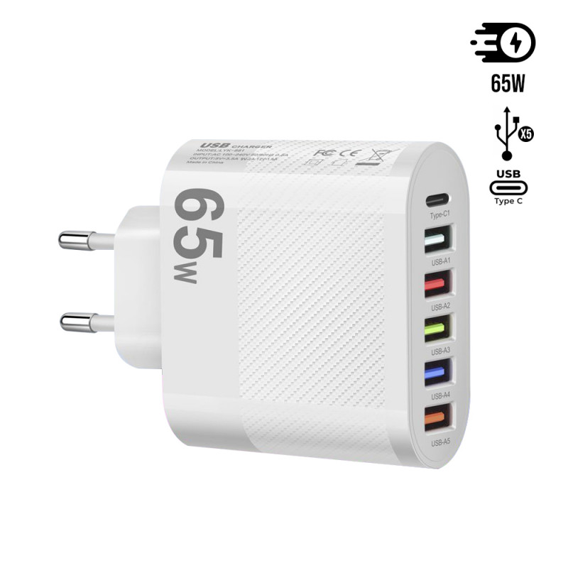Chargeur secteur 65W avec 5 ports USB PD QC 3.0 et adaptateur de...