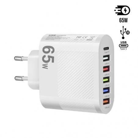 Chargeur secteur 65W avec 5 ports USB PD QC 3.0 et adaptateur de...