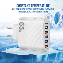 Chargeur secteur 65W avec 5 ports USB PD QC 3.0 et adaptateur de...