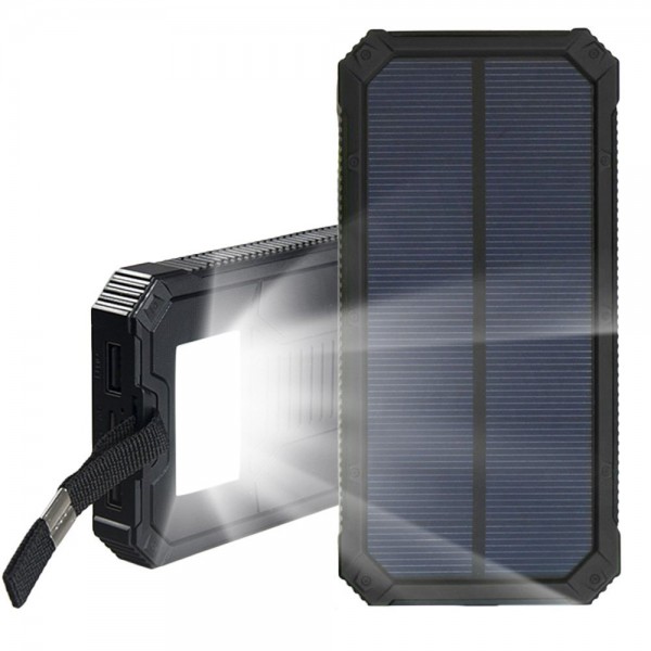 Power Bank solaire double USB 20000mah waterproof avec lampe torche - Noir