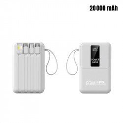 Powerbank 20000mAh avec cable integres - Taille compacte - Blanc