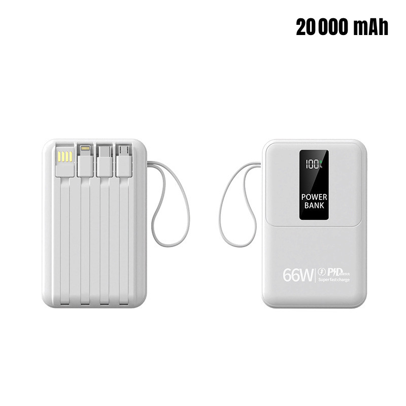 Powerbank 20000mAh avec cable integres - Taille compacte - Blanc