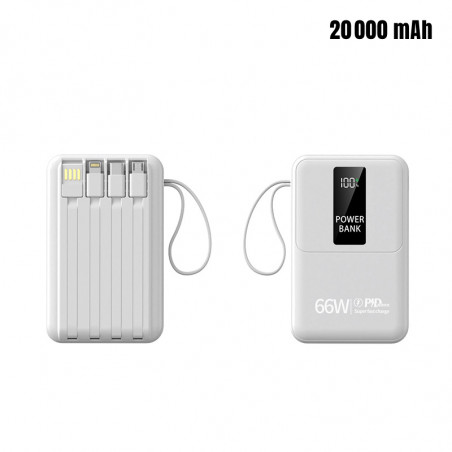 Powerbank 20000mAh avec cable integres - Taille compacte - Blanc