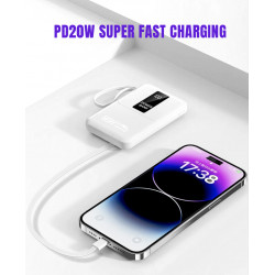 Powerbank 20000mAh avec cable integres - Taille compacte - Blanc