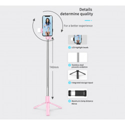 Perche a selfie Bluetooth avec flash integre - Rose