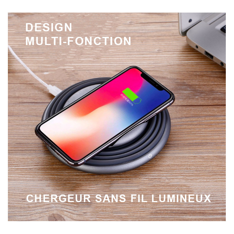 Chargeur sans fil a induction QI pliable et rotatif a LED - Noir