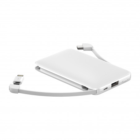 Batterie de secours 5000mAh avec cables integres - Blanc