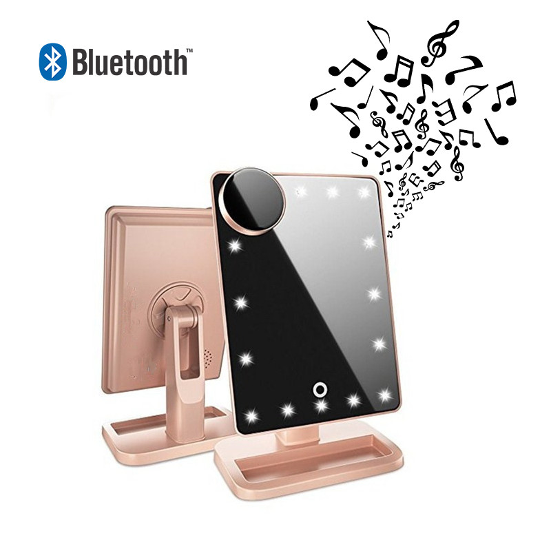 Miroir tactile avec lumiere LED et haut - parleur Bluetooth - Rose or
