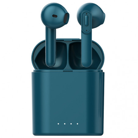 Ecouteurs Bluetooth etanches avec boitier de chargement - Bleu canard