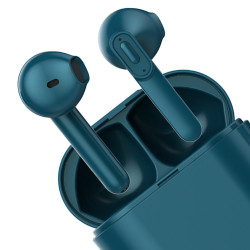 Ecouteurs Bluetooth etanches avec boitier de chargement - Bleu canard